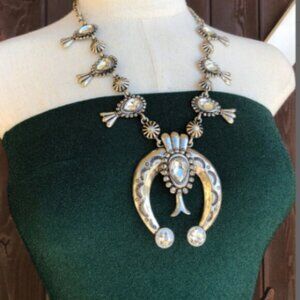 Bohemian Western Cowboy Horseshoe Squash Blossom Silver Rhinestone Necklace
